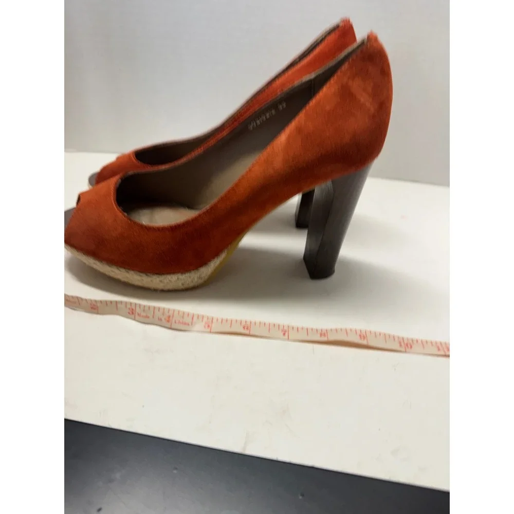 Boss Orange Burnt Orange Suede Peep Toe Platform Espadrille Block Heels 39 8.5